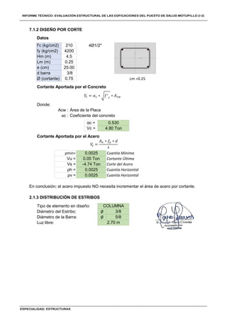 Donde:
Tipo de elemento en diseño:
Diámetro del Estribo: Ø
Diámetro de la Barra: Ø
Luz libre:
Hm (m) 4.5
4Ø1/2"
7.1.2 DISEÑO POR CORTE
Datos
f'c (kg/cm2) 210
fy (kg/cm2) 4200
Lm =0.25
αc =
Vc = 4.80 Ton
0.530
Lm (m) 0.25
e (cm) 25.00
d barra 3/8
Ø (cortante) 0.75
0.05 Ton
0.0025 Cuantía Mínima
Cortante Última
ρmin=
Vu =
Cortante Aportada por el Acero
Cortante Aportada por el Concreto
Acw :
αc :
Área de la Placa
Coeficiente del concreto
COLUMNA
3/8
5/8
En conclusión; el acero impuesto NO necesita incrementar el área de acero por cortante.
Vs = -4.74 Ton Corte del Acero
ρh = 0.0025 Cuantía Horizontal
ρv = 0.0025 Cuantía Horizontal
2.70 m
2.1.3 DISTRIBUCIÓN DE ESTRIBOS
𝑉 = 𝛼 ∗ 𝑓 ∗ 𝐴
𝑉 =
𝐴 ∗ 𝑓 ∗ 𝑑
𝑠
 