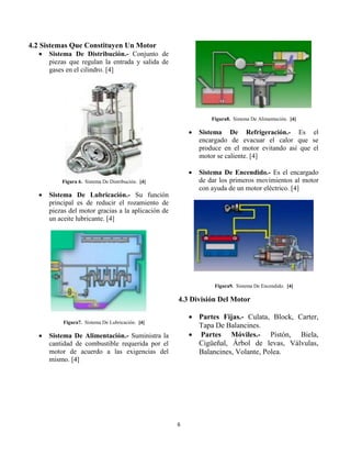 6 
4.2 Sistemas Que Constituyen Un Motor 
 Sistema De Distribución.- Conjunto de piezas que regulan la entrada y salida de gases en el cilindro. [4] 
Figura 6. Sistema De Distribución. [4] 
 Sistema De Lubricación.- Su función principal es de reducir el rozamiento de piezas del motor gracias a la aplicación de un aceite lubricante. [4] 
Figura7. Sistema De Lubricación. [4] 
 Sistema De Alimentación.- Suministra la cantidad de combustible requerida por el motor de acuerdo a las exigencias del mismo. [4] 
Figura8. Sistema De Alimentación. [4] 
 Sistema De Refrigeración.- Es el encargado de evacuar el calor que se produce en el motor evitando así que el motor se caliente. [4] 
 Sistema De Encendido.- Es el encargado de dar los primeros movimientos al motor con ayuda de un motor eléctrico. [4] 
Figura9. Sistema De Encendido. [4] 
4.3 División Del Motor 
 Partes Fijas.- Culata, Block, Carter, Tapa De Balancines. 
 Partes Móviles.- Pistón, Biela, Cigüeñal, Árbol de levas, Válvulas, Balancines, Volante, Polea. 
 