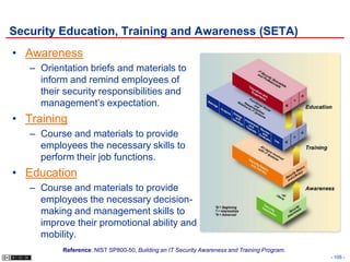 Security Education, Training and Awareness (SETA)
• Awareness
   – Orientation briefs and materials to
     inform and remind employees of
     their security responsibilities and
     management’s expectation.
• Training
   – Course and materials to provide
     employees the necessary skills to
     perform their job functions.
• Education
   – Course and materials to provide
     employees the necessary decision-
     making and management skills to
     improve their promotional ability and
     mobility.
          Reference: NIST SP800-50, Building an IT Security Awareness and Training Program.
                                                                                              - 105 -
 