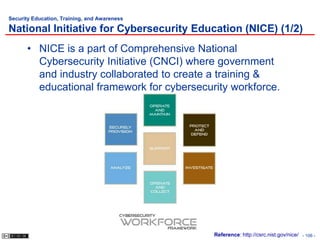 Security Education, Training, and Awareness

National Initiative for Cybersecurity Education (NICE) (1/2)
       • NICE is a part of Comprehensive National
         Cybersecurity Initiative (CNCI) where government
         and industry collaborated to create a training &
         educational framework for cybersecurity workforce.




                                              Reference: http://csrc.nist.gov/nice/ - 106 -
 