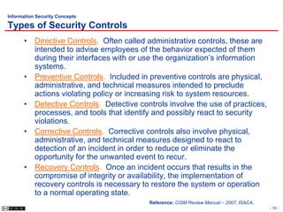 Information Security Concepts

Types of Security Controls
      • Directive Controls. Often called administrative controls, these are
        intended to advise employees of the behavior expected of them
        during their interfaces with or use the organization’s information
        systems.
      • Preventive Controls. Included in preventive controls are physical,
        administrative, and technical measures intended to preclude
        actions violating policy or increasing risk to system resources.
      • Detective Controls. Detective controls involve the use of practices,
        processes, and tools that identify and possibly react to security
        violations.
      • Corrective Controls. Corrective controls also involve physical,
        administrative, and technical measures designed to react to
        detection of an incident in order to reduce or eliminate the
        opportunity for the unwanted event to recur.
      • Recovery Controls. Once an incident occurs that results in the
        compromise of integrity or availability, the implementation of
        recovery controls is necessary to restore the system or operation
        to a normal operating state.
                                          Reference: CISM Review Manual – 2007, ISACA.
                                                                                         - 18 -
 
