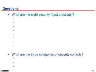 Questions:
   • What are the eight security “best practices”?
      –
      –
      –
      –
      –
      –
      –
      –


   • What are the three categories of security controls?
      –
      –
      –
                                                           - 23 -
 