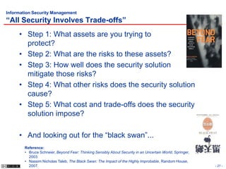 Information Security Management
“All Security Involves Trade-offs”
     • Step 1: What assets are you trying to
       protect?
     • Step 2: What are the risks to these assets?
     • Step 3: How well does the security solution
       mitigate those risks?
     • Step 4: What other risks does the security solution
       cause?
     • Step 5: What cost and trade-offs does the security
       solution impose?

     • And looking out for the “black swan”...
        Reference:
        • Bruce Schneier, Beyond Fear: Thinking Sensibly About Security in an Uncertain World, Springer,
          2003.
        • Nassim Nicholas Taleb, The Black Swan: The Impact of the Highly Improbable, Random House,
          2007.                                                                                            - 27 -
 