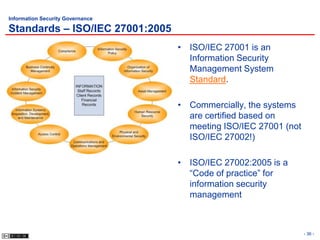 Information Security Governance

Standards – ISO/IEC 27001:2005
                                  • ISO/IEC 27001 is an
                                    Information Security
                                    Management System
                                    Standard.

                                  • Commercially, the systems
                                    are certified based on
                                    meeting ISO/IEC 27001 (not
                                    ISO/IEC 27002!)

                                  • ISO/IEC 27002:2005 is a
                                    “Code of practice” for
                                    information security
                                    management



                                                                 - 36 -
 