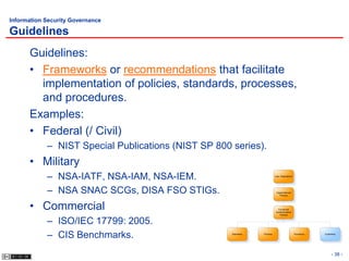 Information Security Governance

Guidelines
      Guidelines:
      • Frameworks or recommendations that facilitate
        implementation of policies, standards, processes,
        and procedures.
      Examples:
      • Federal (/ Civil)
            – NIST Special Publications (NIST SP 800 series).
      • Military
            – NSA-IATF, NSA-IAM, NSA-IEM.                                  Law, Regulations




            – NSA SNAC SCGs, DISA FSO STIGs.                                Organizational
                                                                               Policies




      • Commercial                                                           Functional
                                                                           Implementation
                                                                              Policies


            – ISO/IEC 17799: 2005.
            – CIS Benchmarks.                        Standards   Process                      Procedure   Guidelines




                                                                                                                - 38 -
 