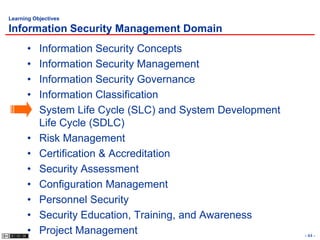 Learning Objectives

Information Security Management Domain
      •    Information Security Concepts
      •    Information Security Management
      •    Information Security Governance
      •    Information Classification
      •    System Life Cycle (SLC) and System Development
           Life Cycle (SDLC)
      •    Risk Management
      •    Certification & Accreditation
      •    Security Assessment
      •    Configuration Management
      •    Personnel Security
      •    Security Education, Training, and Awareness
      •    Project Management                               - 44 -
 
