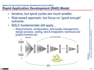 System Life Cycle (SLC) and System Development Life Cycle (SDLC)

Rapid Application Development (RAD) Model
      • Iterative, but spiral cycles are much smaller.
      • Risk-based approach, but focus on “good enough”




                                                                          - S. McConnel, Rapid Development: Taming Wild Software Schedules
        outcome.
      • SDLC fundamentals still apply…
            – Requirements, configuration, and quality management,




                                                                          - http://www.cs.bgsu.edu/maner/domains/RAD.htm
              design process, coding, test & integration, technical and
              project reviews etc.




                                                                          Reference:
                                                                                                      - 48 -
 