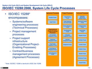 System Life Cycle (SLC) and System Development Life Cycle (SDLC)

ISO/IEC 15288:2008, System Life Cycle Processes
   • ISO/IEC 15288*                                       Agreement Processes      Project Processes       Technical Processes

                                                                                                                 Stakeholder
                                                                                      Project Planning
     encompasses:                                            Acquisition Process
                                                                                          Process
                                                                                                                Requirements
                                                                                                               Definition Process


         – Systems/software                                    Supply Process
                                                                                     Project Assessment
                                                                                     and Control Process
                                                                                                             Requirements Analysis
                                                                                                                    Process

           engineering processes                                                    Decision Management       Architecture Design
                                                                                           Process                  Process
           (Technical Processes)                             Organizational
                                                                                      Risk Management           Implementation
         – Project management                               Project-Enabling
                                                               Processes
                                                                                           Process                 Process


           processes                                           Life Cycle Model
                                                             Management Process
                                                                                       Configuration
                                                                                    Management Process
                                                                                                              Integration Process


         – Project support                                      Infrastructure          Information
                                                                                                              Verification Process
                                                             Management Process     Management Process
           infrastructure
           (Organizational Project-                            Project Portfolio
                                                             Management Process
                                                                                    Management Process        Transition Process


           Enabling Processes)                                Human Resource
                                                                                                              Validation Process
                                                             Management Process
         – Contract/business
                                                             Quality Management
                                                                                                              Operation Process
           management processes                                    Process


           (Agreement Processes)                                                                             Maintenance Process



                                                                                                               Disposal Process
   * Note: ISO/IEC 15288 is identical to IEEE Std 15288

                                                                                                                                     - 52 -
 