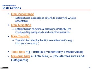 Risk Management

Risk Actions
      • Risk Acceptance
           – Establish risk acceptance criteria to determine what is
             acceptable.
      • Risk Mitigation
           – Establish plan of action & milestone (POA&M) for
             implementing safeguards and countermeasures.
      • Risk Transfer
           – Transfer the potential liability to another entity (e.g.,
             insurance company.)


      • Total Risk = ∑ (Threats x Vulnerability x Asset value)
      • Residual Risk = (Total Risk) – (Countermeasures and
        Safeguards)

                                                                         - 76 -
 