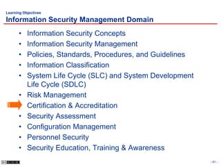 Learning Objectives

Information Security Management Domain
      •    Information Security Concepts
      •    Information Security Management
      •    Policies, Standards, Procedures, and Guidelines
      •    Information Classification
      •    System Life Cycle (SLC) and System Development
           Life Cycle (SDLC)
      •    Risk Management
      •    Certification & Accreditation
      •    Security Assessment
      •    Configuration Management
      •    Personnel Security
      •    Security Education, Training & Awareness
                                                             - 81 -
 