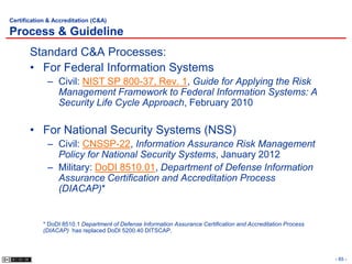 Certification & Accreditation (C&A)

Process & Guideline
       Standard C&A Processes:
       • For Federal Information Systems
             – Civil: NIST SP 800-37, Rev. 1, Guide for Applying the Risk
               Management Framework to Federal Information Systems: A
               Security Life Cycle Approach, February 2010

       • For National Security Systems (NSS)
             – Civil: CNSSP-22, Information Assurance Risk Management
               Policy for National Security Systems, January 2012
             – Military: DoDI 8510.01, Department of Defense Information
               Assurance Certification and Accreditation Process
               (DIACAP)*


            * DoDI 8510.1 Department of Defense Information Assurance Certification and Accreditation Process
            (DIACAP) has replaced DoDI 5200.40 DITSCAP.



                                                                                                                - 85 -
 