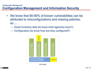 Configuration Management

Configuration Management and Information Security

     • We know that 80-90% of known vulnerabilities can be
       attributed to misconfigurations and missing patches,
       so ...
          – Asset inventory data (to know what agencies have?)
          – Configuration (to know how are they configured?)

                                                           Deviation




                                                                                                        benchmark for SWCI-5
                                                                               benchmark for SWCI-3



                                                                                                        Security configuration
                                                                               Security configuration
                                                    benchmark for SWCI-3
                           benchmark for SWCI-2



                                                    Security configuration
                           Security configuration




                             Security configuration
                                                                                                        Deviation
                             benchmark for SWCI-1


                                                                       An IT asset

                                                                                                                                 Page 98
 