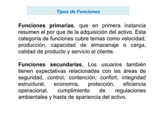 Funciones primarias, que en primera instancia
resumen el por que de la adquisición del activo. Esta
categoría de funciones cubre temas como velocidad,
producción, capacidad de almacenaje o carga,
calidad de producto y servicio al cliente.
Tipos de FuncionesTipos de Funciones
Funciones secundarias, Los usuarios también
tienen expectativas relacionadas con las áreas de
seguridad, control, contención, confort, integridad
estructural, economía, protección, eficiencia
operacional, cumplimiento de regulaciones
ambientales y hasta de apariencia del activo.
 