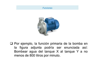 FuncionesFunciones
 Por ejemplo, la función primaria de la bomba en
la figura adjunta podría ser enunciada así:
Bombear agua del tanque X al tanque Y a no
menos de 800 litros por minuto.
 