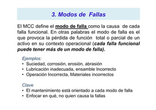 3. Modos de Fallas3. Modos de Fallas
El MCC define el modo de falla como la causa de cada
falla funcional. En otras palabras el modo de falla es el
que provoca la pérdida de función total o parcial de un
activo en su contexto operacional (cada falla funcional
puede tener más de un modo de falla).
Ejemplos:
• Suciedad, corrosión, erosión, abrasión
• Lubricación inadecuada, ensamble Incorrecto
• Operación Incorrecta, Materiales incorrectos
Clave
• El mantenimiento está orientado a cada modo de falla
• Enfocar en qué, no quien causa la fallas
 