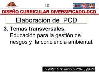 10
DISEÑO CURRICULAR DIVERSIFICADO-DCD

        Elaboración de PCD
3. Temas transversales.
   Educación para la gestión de
   riesgos y la conciencia ambiental.




 PERU           Fuente: OTP INGLÉS 2010 , pp 24
                                             10
                                       MINISTERIO DE EDUCACIÓN
 
