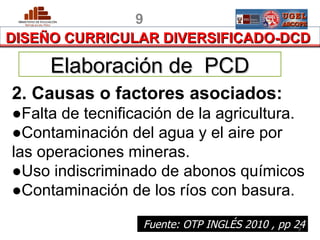 9
DISEÑO CURRICULAR DIVERSIFICADO-DCD

        Elaboración de PCD
2. Causas o factores asociados:
●Falta de tecnificación de la agricultura.
●Contaminación del agua y el aire por
las operaciones mineras.
●Uso indiscriminado de abonos químicos
●Contaminación de los ríos con basura.

 PERU             Fuente: OTP INGLÉS 2010 , pp 24
                                                9
                                         MINISTERIO DE EDUCACIÓN
 