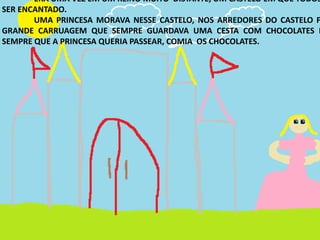 ERA UMA VEZ EM UM REINO MUITO DISTANTE, UM CASTELO EM QUE TODOS
SER ENCANTADO.
UMA PRINCESA MORAVA NESSE CASTELO, NOS ARREDORES DO CASTELO F
GRANDE CARRUAGEM QUE SEMPRE GUARDAVA UMA CESTA COM CHOCOLATES E
SEMPRE QUE A PRINCESA QUERIA PASSEAR, COMIA OS CHOCOLATES.
 