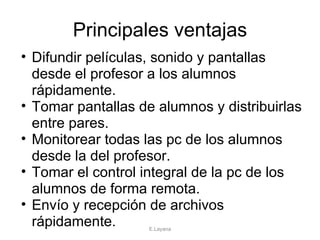 Principales ventajas Difundir películas, sonido y pantallas desde el profesor a los alumnos rápidamente. Tomar pantallas de alumnos y distribuirlas entre pares. Monitorear todas las pc de los alumnos desde la del profesor. Tomar el control integral de la pc de los alumnos de forma remota. Envío y recepción de archivos rápidamente. E.Layana 