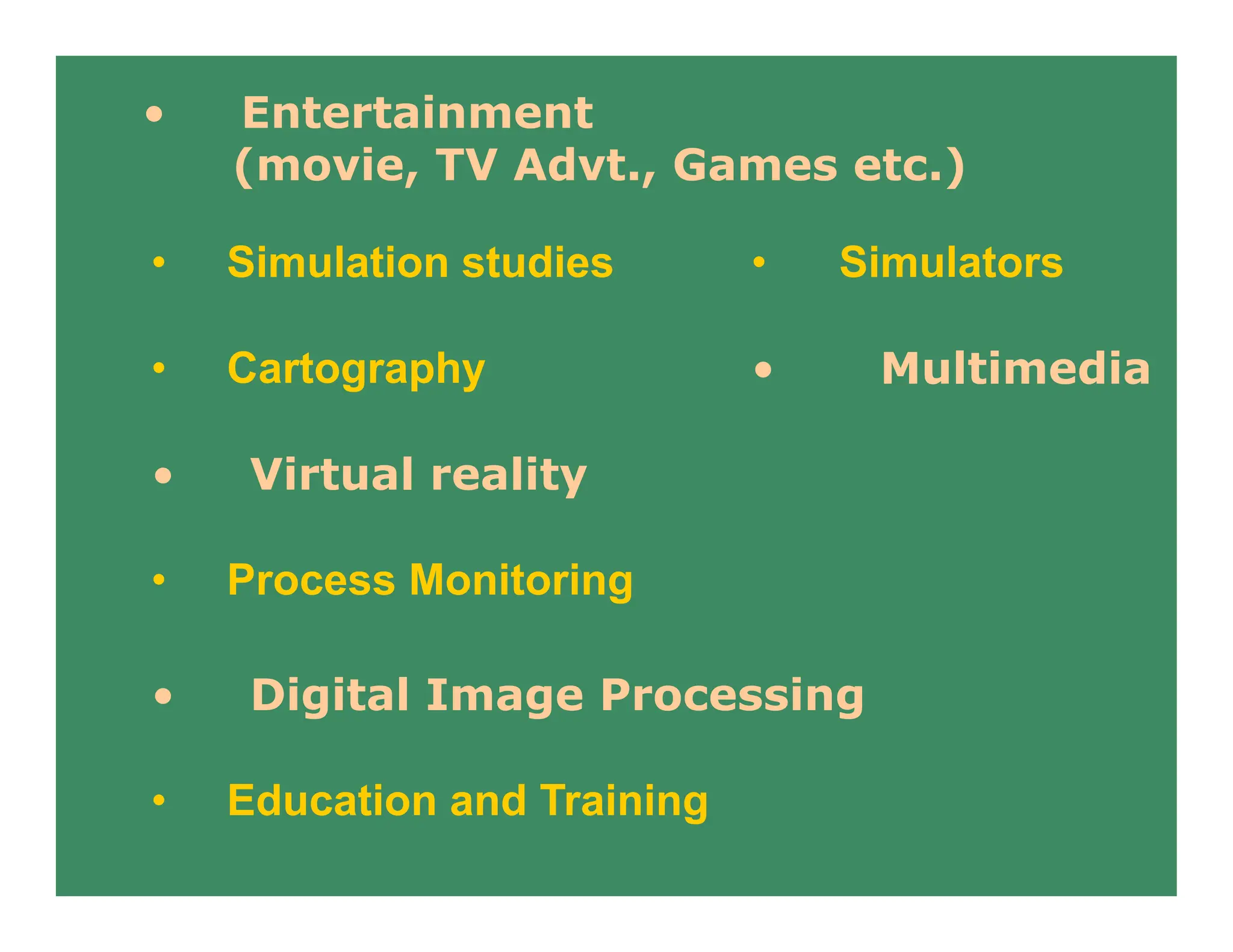 • Simulation studies • Simulators
• Cartography • Multimedia
• Entertainment
(movie, TV Advt., Games etc.)
• Virtual reality
• Process Monitoring
• Digital Image Processing
• Education and Training
 