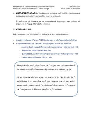 Programació de l’ensenyament de l’activitat física i l’esport  Curs 2015‐2016 
Professor: Carles González Arévalo i Rafael Tarragó  INEFC‐centre de Barcelona 
 
4. AUTOGESTIONAR‐VOS el funcionament de l’equip amb CRITERIS: funcionament 
de l’equip, assistència i responsabilitat concreta assignada. 
 
El  professorat  de  l’assignatura  us  proporcionarà  instruments  per  realitzar  el 
seguiment de l’equip al llarg de les setmanes 
 
5. AVALUAR EL TLE 
El TLE representa un 30% de la nota i serà repartit de la següent manera: 
 Vosaltres avaluareu el “procés” (10%) mitjançant el full d’autoavaluació facilitat  
 El seguiment del TLE i el “resultat” final (20%) serà avaluat pel professor 
‐ Seguiment dels equips (informes cada tres setmanes) + informe final = 0.5 
‐  Evolució del compte de Twitter = 0.25  
‐ Qualitat BLOG/WEB on teniu allotjats la informació de l’assignatura = 0.25 
‐ Presentació oral (Elevator Pitch)= 1 punt  
 
El capità informarà al professor de l’assignatura sobre qualsevol 
incidència que dificulti el normal funcionament del seu equip.  
 
Si  un  membre  del  seu  equip  no  respecta  les  “regles  del  joc” 
establertes  i  no  compleix  amb  les  tasques  que  li  han  estat 
encomandes, abandonarà l’equip i anirà directament a l’examen 
de l’assignatura, tal i com especifica la fitxa docent.  
 
 