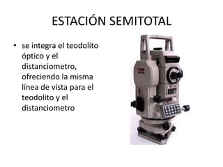 ESTACIÓN SEMITOTAL
• se integra el teodolito
óptico y el
distanciometro,
ofreciendo la misma
línea de vista para el
teodolito y el
distanciometro
 