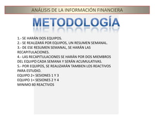 ANÁLISIS DE LA INFORMACIÓN FINANCIERAMetodología1.- SE HARÁN DOS EQUIPOS.2.- SE REALIZARÁ POR EQUIPOS, UN RESUMEN SEMANAL.3.- DE ESE RESUMEN SEMANAL, SE HARÁN LAS RECAPITULACIONES.4.- LAS RECAPITULACIONES SE HARÁN POR DOS MIEMBROS DEL EQUIPO CADA SEMANA Y SERÁN ACUMULATIVAS.5.- POR EQUIPOS, SE REALIZARÁN TAMBIEN LOS REACTIVOS PARA ESTUDIO. EQUIPO 2= SESIONES 1 Y 3EQUIPO 1= SESIONES 2 Y 4MINIMO 80 REACTIVOS