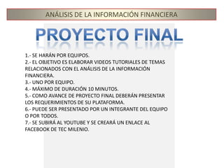 ANÁLISIS DE LA INFORMACIÓN FINANCIERAMetodología1.- SE HARÁN 4 EQUIPOS.2.- SE REALIZARÁ POR EQUIPOS, UN RESUMEN SEMANAL.3.- DE ESE RESUMEN SEMANAL, SE HARÁN LAS RECAPITULACIONES.4.- LAS RECAPITULACIONES SE HARÁN POR DOS MIEMBROS DEL EQUIPO CADA SEMANA Y SERÁN ACUMULATIVAS.5.- POR EQUIPOS, SE REALIZARÁN TAMBIEN LOS REACTIVOS PARA ESTUDIO. 	5.1.- 20 preguntas semanales por modulo	5.2.- Son 4 equipos, cada equipo debe de hacer 5 preguntas, para evitar repetir cada equipo realizará sus preguntas de acuerdo a un tema del módulo; para esto:MODULO 1-Equipo #1 --> TEMA 1-Equipo #2 --> TEMA 2-Equipo #3 --> TEMA 3-Equipo #4 --> TEMA 4MINIMO 80 REACTIVOS TOTALES AL FINALIZAR LA CLASE6.- Iniciar el ACCIGAME.
