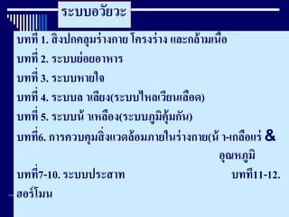 4
บทที่ 1. สิ่งปกคลุมร่างกาย โครงร่าง และกล้ามเนื้อ
บทที่ 2. ระบบย่อยอาหาร
บทที่ 3. ระบบหายใจ
บทที่ 4. ระบบล าเลียง(ระบบไหลเวียนเลือด)
บทที่ 5. ระบบน้ าเหลือง(ระบบภูมิคุ้มกัน)
บทที่6. การควบคุมสิ่งแวดล้อมภายในร่างกาย(น้ า-เกลือแร่ &
อุณหภูมิ
บทที่7-10.ระบบประสาท บทที11-12.
ฮอร์โมน
ระบบอวัยวะ
 