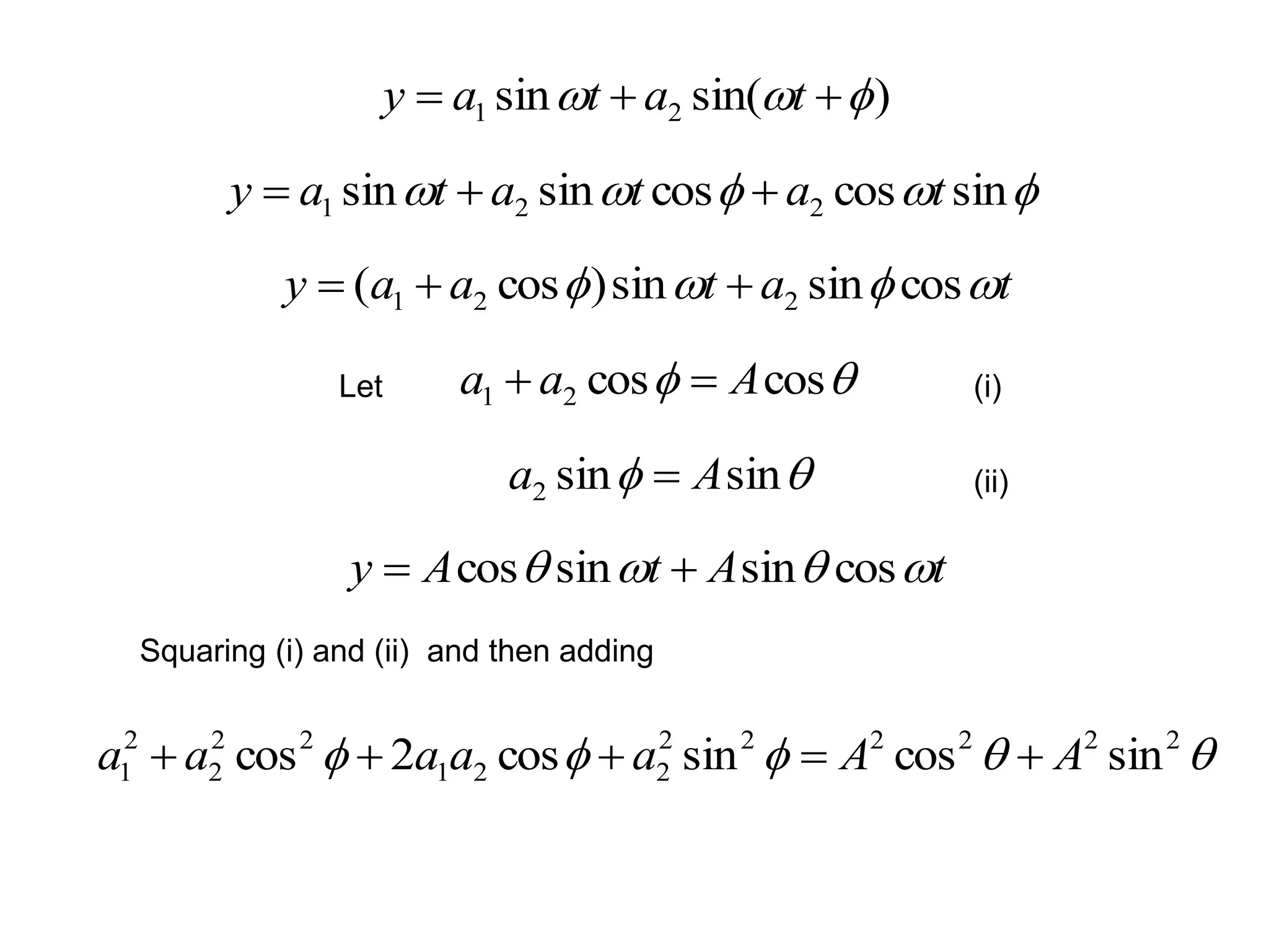 )sin(sin 21   tatay
Squaring (i) and (ii) and then adding
 222222
221
22
2
2
1 sincossincos2cos AAaaaaa 
 sincoscossinsin 221 tatatay 
tataay  cossinsin)cos( 221 
 coscos21 Aaa 
 sinsin2 Aa 
tAtAy  cossinsincos 
(i)
(ii)
Let
 