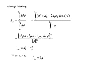 Average intensity


 



2
0
2
0
d
Id
Iav
When a1 = a2

 
 



2
0
2
0
21
2
2
2
1 )cos2(
d
daaaa
 
  



2
0
2
021
2
2
2
1 sin2 aaaa 

2
2
2
1 aaIav 
2
2aIav 
 