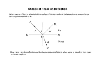 Change of Phase on Reflection
When a wave of light is reflected at the surface of denser medium, it always gives a phase change
of π or path difference of λ/2
i Air
Glass
ar
at
r
NM
D
C
B
A
a
Here r and t are the reflection and the transmission coefficients when wave is travelling from rarer
to denser medium.
 