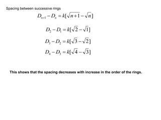 Spacing between successive rings
This shows that the spacing decreases with increase in the order of the rings.
]1[1 nnkDD nn 
]12[12  kDD
]23[23  kDD
]34[34  kDD
 