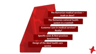 Customer care in medical services?
Really?
The Romanian national health
system in a nutshell
The Romanian medical services –
truth or dare?
Specific cases & Best practices
benchmarks
Design of the ideal health care
service
 
