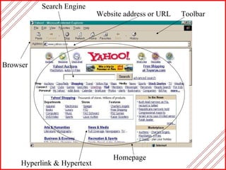 Browser Hyperlink & Hypertext Homepage Website address or URL Toolbar Search Engine 