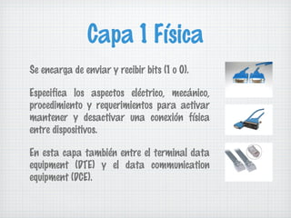 Capa 1 Física
Se encarga de enviar y recibir bits (1 o 0).

Especifica los aspectos eléctrico, mecánico,
procedimiento y requerimientos para activar
mantener y desactivar una conexión física
entre dispositivos.

En esta capa también entre el terminal data
equipment (DTE) y el data communication
equipment (DCE).
 