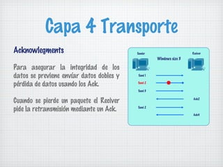Capa 4 Transporte
Acknowlegments                            Sender                     Reciver
                                                    Windows size 3

Para asegurar la integridad de los
datos se previene envíar datos dobles y    Send 1


pérdida de datos usando los Ack.          Send 2

                                          Send 3


Cuando se pierde un paquete el Reciver                               Ack2


pide la retransmisión mediante un Ack.    Send 2

                                                                     Ack4
 
