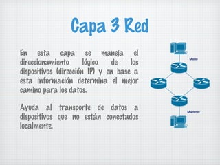 Capa 3 Red
En esta capa se maneja el
direccionamiento       lógico   de   los
                                            Mexico



dispositivos (dirección IP) y en base a
esta información determina el mejor
camino para los datos.

Ayuda al transporte de datos a             Monterrey

dispositivos que no están conectados
localmente.
 