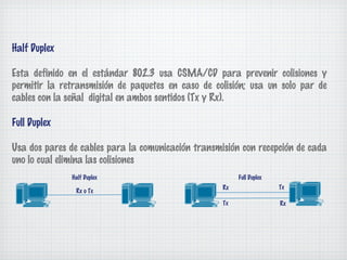 Half Duplex

Esta definido en el estándar 802.3 usa CSMA/CD para prevenir colisiones y
permitir la retransmisión de paquetes en caso de colisión; usa un solo par de
cables con la señal digital en ambos sentidos (Tx y Rx).

Full Duplex

Usa dos pares de cables para la comunicación transmisión con recepción de cada
uno lo cual elimina las colisiones
              Half Duplex                                Full Duplex
                                                    Rx                 Tx
               Rx o Tx

                                                    Tx                 Rx
 