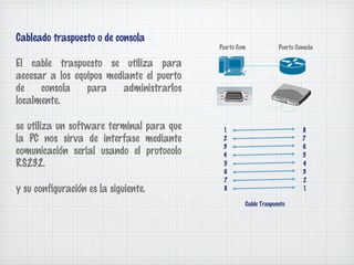Cableado traspuesto o de consola
                                           Puerto Com            Puerto Consola

El cable traspuesto se utiliza para
accesar a los equipos mediante el puerto
de    consola    para     administrarlos
localmente.

se utiliza un software terminal para que    1                             8
la PC nos sirva de interfase mediante       2                             7
                                            3                             6
comunicación serial usando el protocolo     4                             5
RS232.                                      5                             4
                                            6                             3
                                            7                             2
y su configuración es la siguiente.         8                             1

                                                    Cable Traspuesto
 