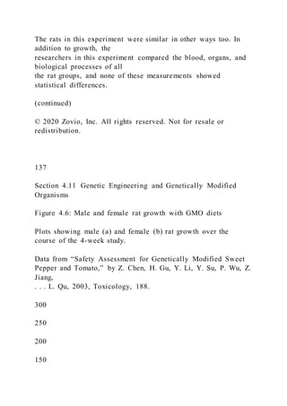 The rats in this experiment were similar in other ways too. In
addition to growth, the
researchers in this experiment compared the blood, organs, and
biological processes of all
the rat groups, and none of these measurements showed
statistical differences.
(continued)
© 2020 Zovio, Inc. All rights reserved. Not for resale or
redistribution.
137
Section 4.11 Genetic Engineering and Genetically Modified
Organisms
Figure 4.6: Male and female rat growth with GMO diets
Plots showing male (a) and female (b) rat growth over the
course of the 4-week study.
Data from “Safety Assessment for Genetically Modified Sweet
Pepper and Tomato,” by Z. Chen, H. Gu, Y. Li, Y. Su, P. Wu, Z.
Jiang,
. . . L. Qu, 2003, Toxicology, 188.
300
250
200
150
 