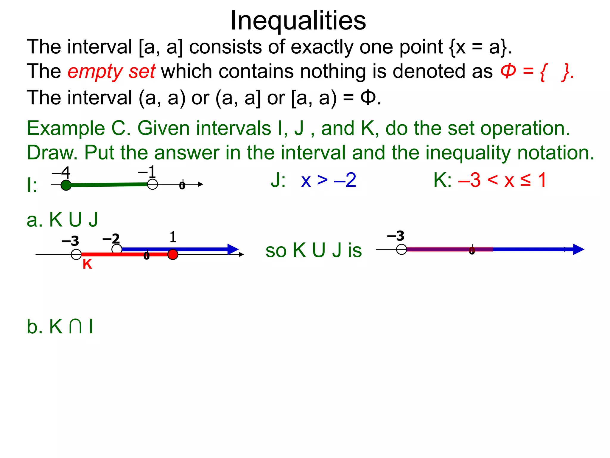 Inequalities
The interval [a, a] consists of exactly one point {x = a}.
The empty set which contains nothing is denoted as Φ = { }.
The interval (a, a) or (a, a] or [a, a) = Φ.
Example C. Given intervals I, J , and K, do the set operation.
Draw. Put the answer in the interval and the inequality notation.
   –4        –1
I:                0           J: x > –2         K: –3 < x ≤ 1
a. K U J
    –3       –2       1                    –3
                  0          so K U J is          0
         K



b. K ∩ I
 
