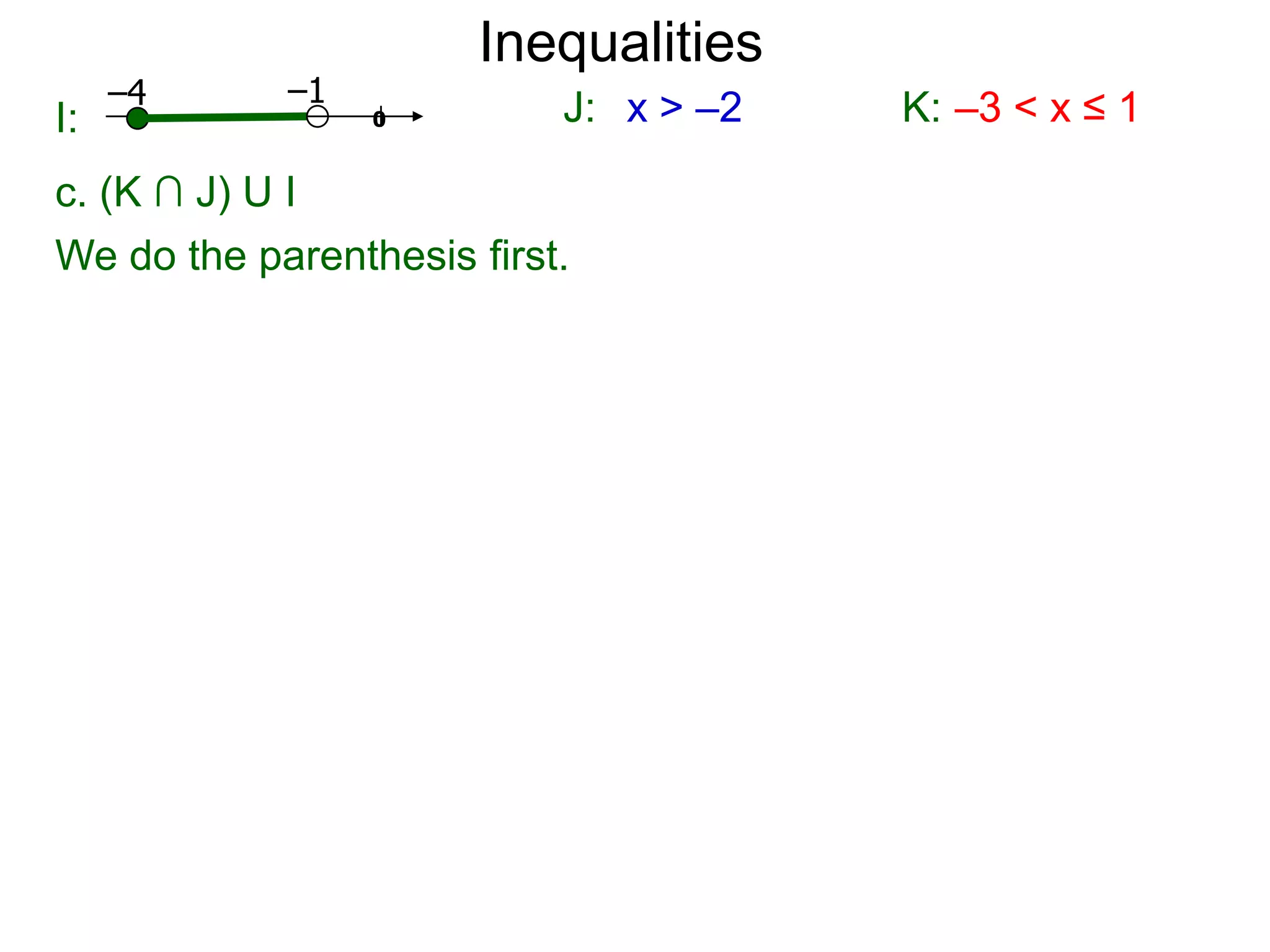 Inequalities
     –4     –1
I:               0         J: x > –2   K: –3 < x ≤ 1
c. (K ∩ J) U I
We do the parenthesis first.
 
