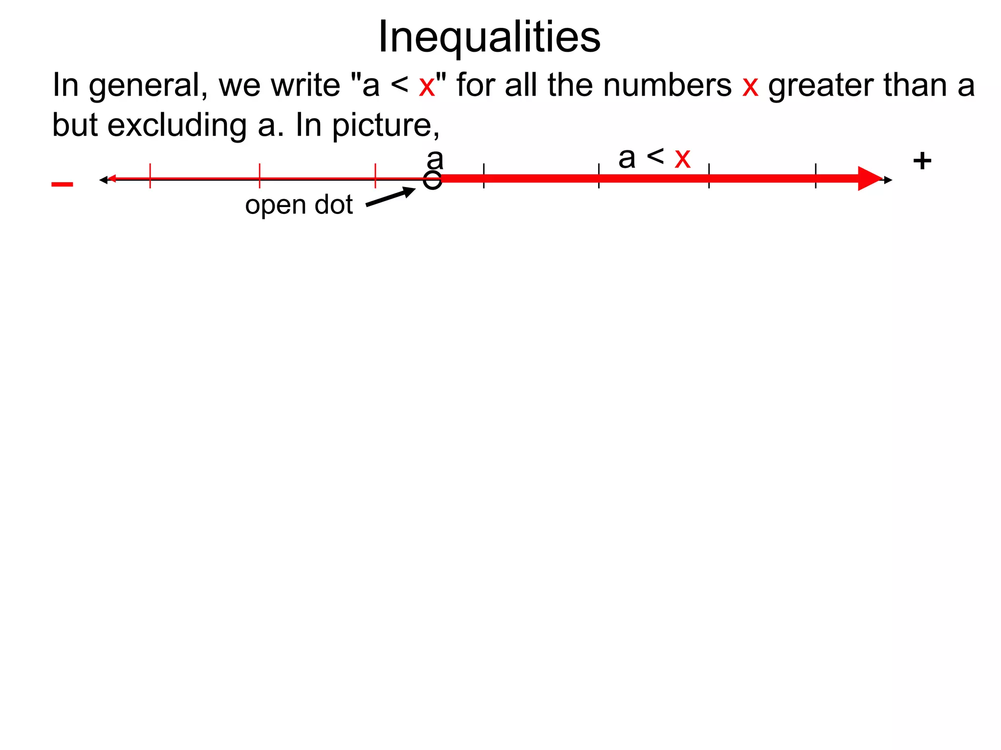 Inequalities
In general, we write "a < x" for all the numbers x greater than a
but excluding a. In picture,
                           a              a<x                +
–
             open dot
 