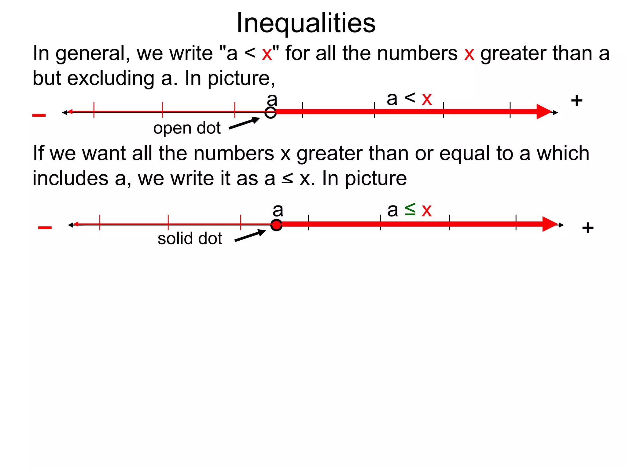 Inequalities
In general, we write "a < x" for all the numbers x greater than a
but excluding a. In picture,
                           a              a<x                +
–
             open dot
If we want all the numbers x greater than or equal to a which
includes a, we write it as a < x. In picture
                            a             a≤x
 –             solid dot
                                                            +
 
