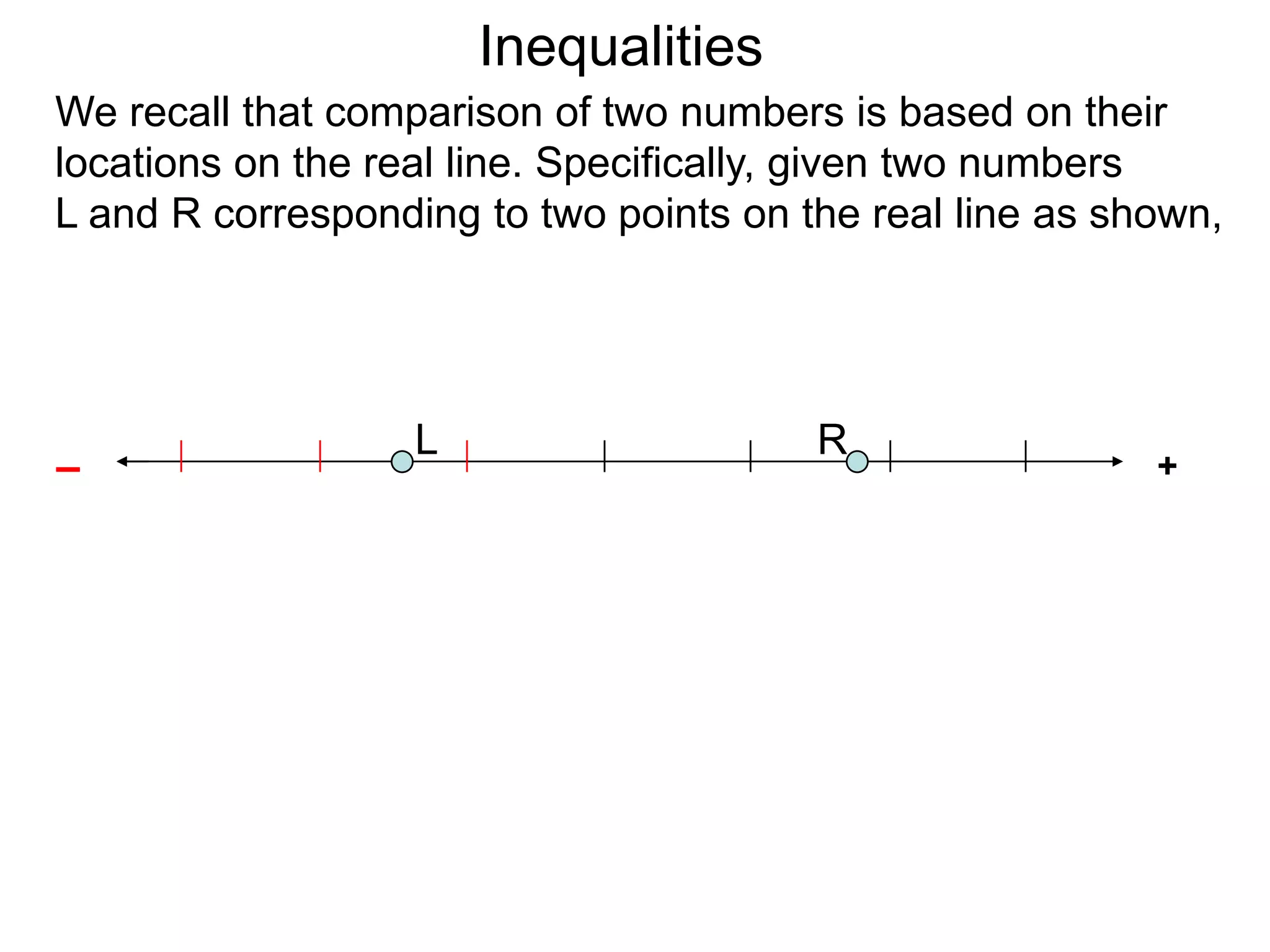 Inequalities
We recall that comparison of two numbers is based on their
locations on the real line. Specifically, given two numbers
L and R corresponding to two points on the real line as shown,




                   L                    R
–                                                         +
 