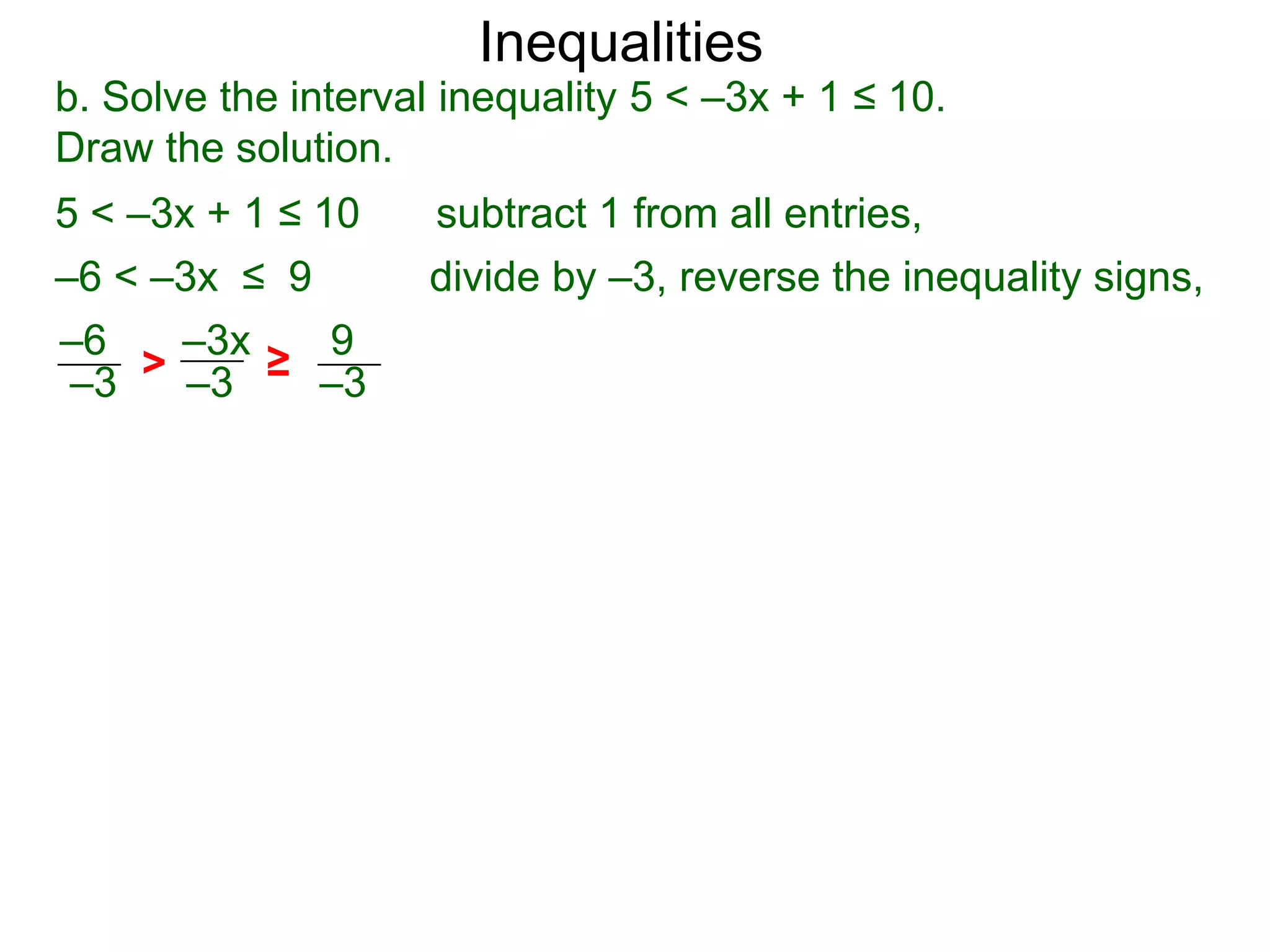 Inequalities
b. Solve the interval inequality 5 < –3x + 1 ≤ 10.
Draw the solution.
5 < –3x + 1 ≤ 10     subtract 1 from all entries,
–6 < –3x ≤ 9         divide by –3, reverse the inequality signs,
–6   –3x  9
–3 > –3 ≥ –3
 