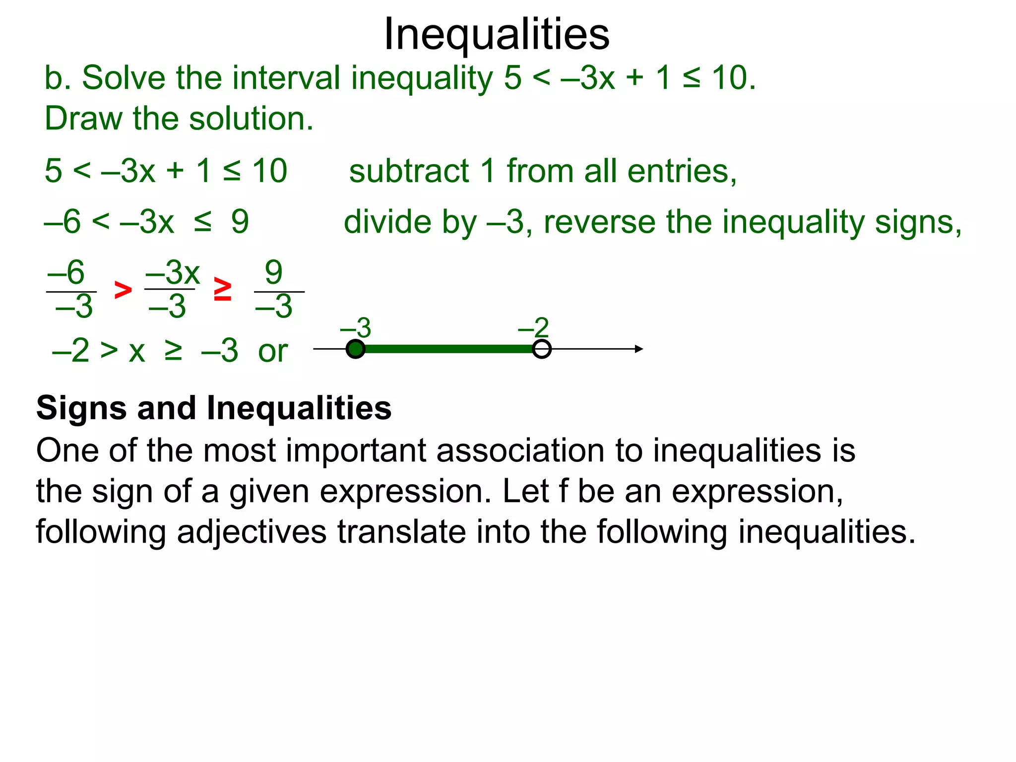 Inequalities
b. Solve the interval inequality 5 < –3x + 1 ≤ 10.
Draw the solution.
5 < –3x + 1 ≤ 10      subtract 1 from all entries,
–6 < –3x ≤ 9          divide by –3, reverse the inequality signs,
–6    –3x   9
–3  > –3 ≥ –3
                     –3           –2
–2 > x ≥ –3 or
Signs and Inequalities
One of the most important association to inequalities is
the sign of a given expression. Let f be an expression,
following adjectives translate into the following inequalities.
 