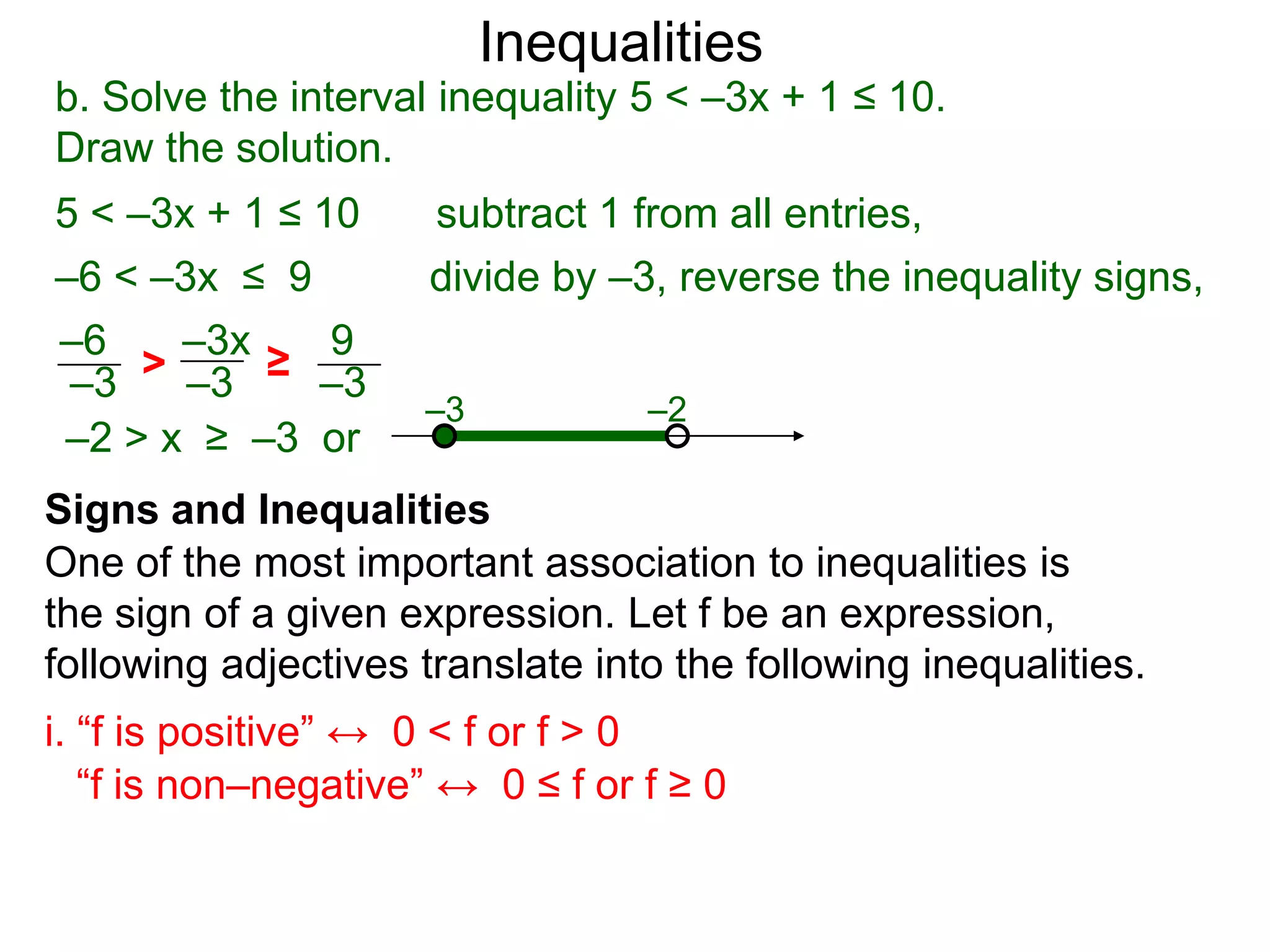 Inequalities
b. Solve the interval inequality 5 < –3x + 1 ≤ 10.
Draw the solution.
5 < –3x + 1 ≤ 10      subtract 1 from all entries,
–6 < –3x ≤ 9          divide by –3, reverse the inequality signs,
–6    –3x   9
–3  > –3 ≥ –3
                     –3           –2
–2 > x ≥ –3 or
Signs and Inequalities
One of the most important association to inequalities is
the sign of a given expression. Let f be an expression,
following adjectives translate into the following inequalities.
i. “f is positive” ↔ 0 < f or f > 0
   “f is non–negative” ↔ 0 ≤ f or f ≥ 0
 