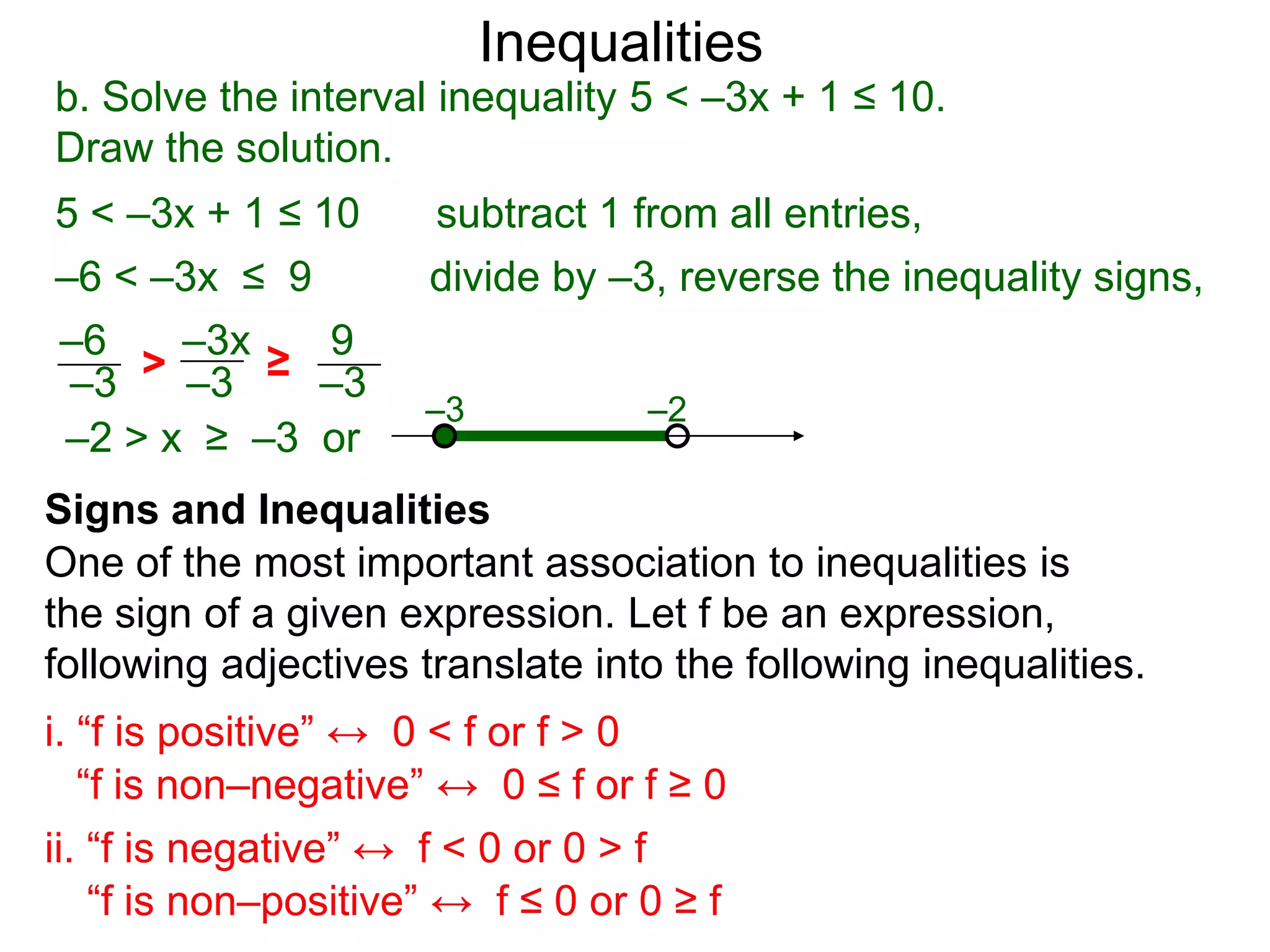 Inequalities
b. Solve the interval inequality 5 < –3x + 1 ≤ 10.
Draw the solution.
5 < –3x + 1 ≤ 10      subtract 1 from all entries,
–6 < –3x ≤ 9          divide by –3, reverse the inequality signs,
–6    –3x   9
–3  > –3 ≥ –3
                      –3           –2
–2 > x ≥ –3 or
Signs and Inequalities
One of the most important association to inequalities is
the sign of a given expression. Let f be an expression,
following adjectives translate into the following inequalities.
i. “f is positive” ↔ 0 < f or f > 0
   “f is non–negative” ↔ 0 ≤ f or f ≥ 0
ii. “f is negative” ↔ f < 0 or 0 > f
    “f is non–positive” ↔ f ≤ 0 or 0 ≥ f
 